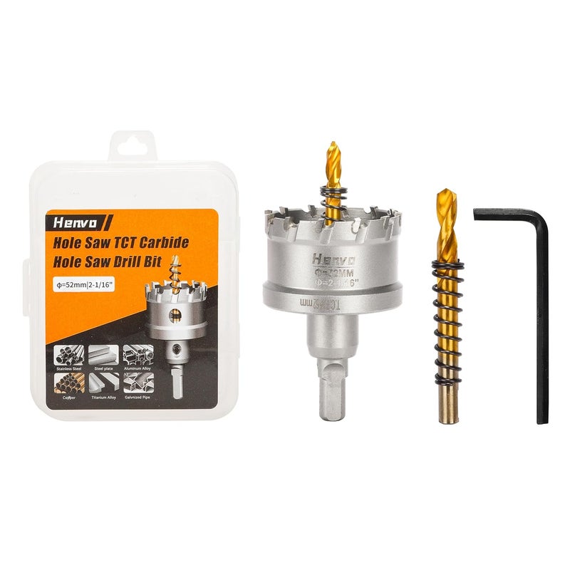 Henvo Hole Saw 2-1/16" (52mm) Heavy Duty Carbide with 2 Pilot Drill Bits - Metal Hole Cutter Cuts Stainless Steel, Iron, Copper, Brass, Plastic - Image 1
